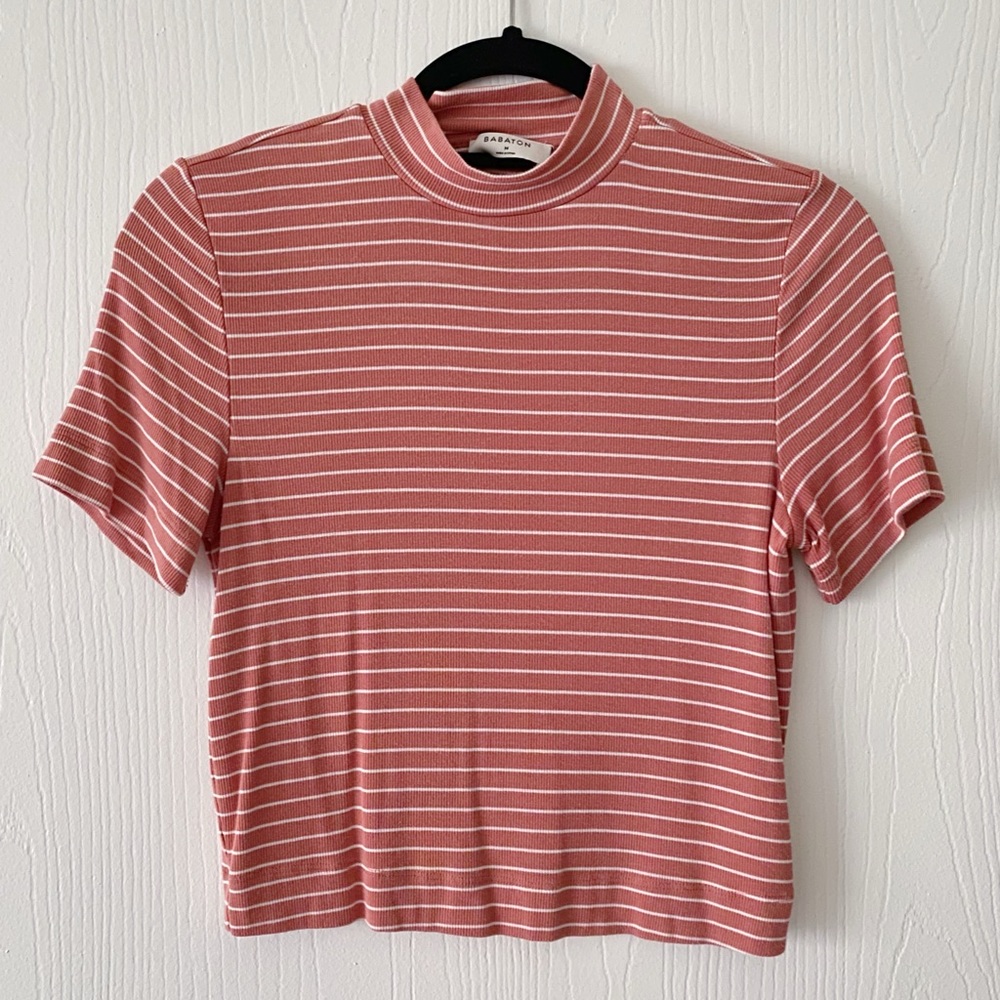 Aritzia Striped Short Sleeve Mock Neck Tee in Dusty Rose and White